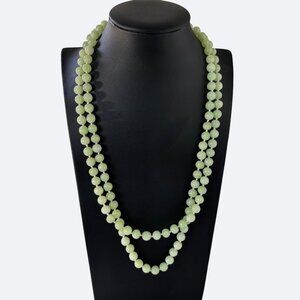 Vtg 1960s  Green Glass Bead Necklace Double Strand Sterling Silver Clasp Knotted